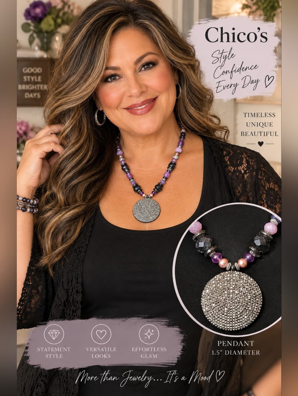 Chico’s Purple Beaded Pavé Disc Pendant Statement Necklace Silver Tone
